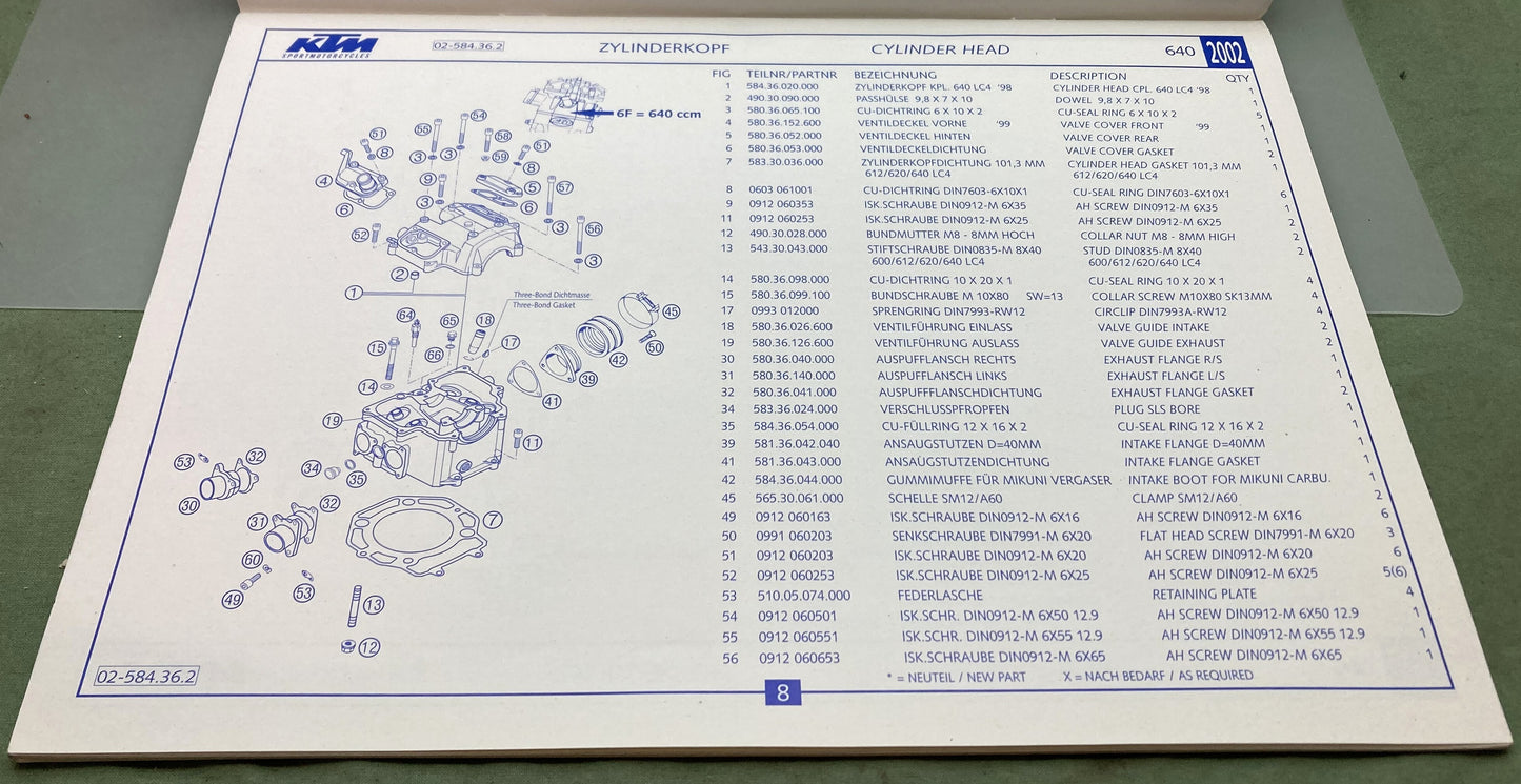 Genuine KTM 320868 640 Duke II, 640 LC4 Adventure Spare Parts Manual 2002