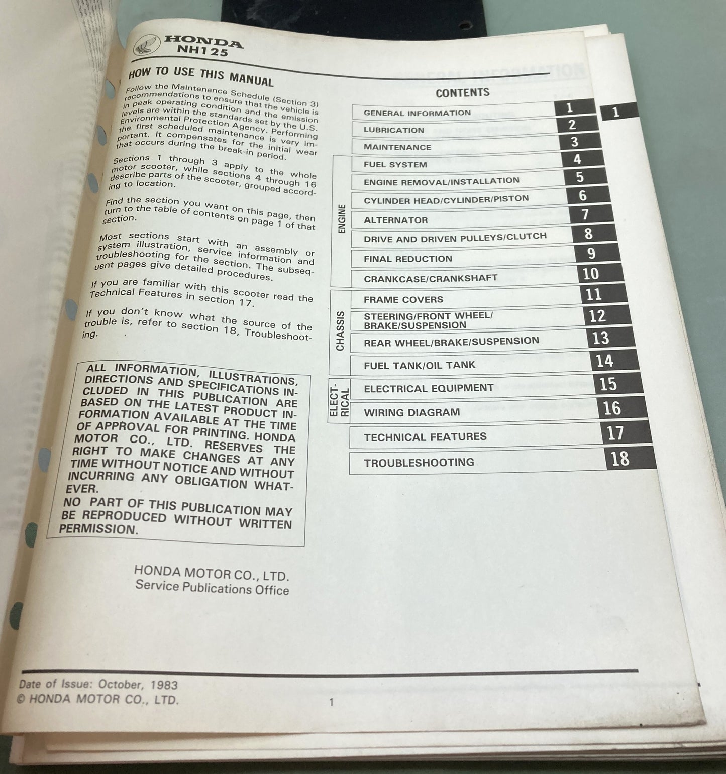 Genuine Honda 61KG800 NH125 aero125 Shop Manual 1983