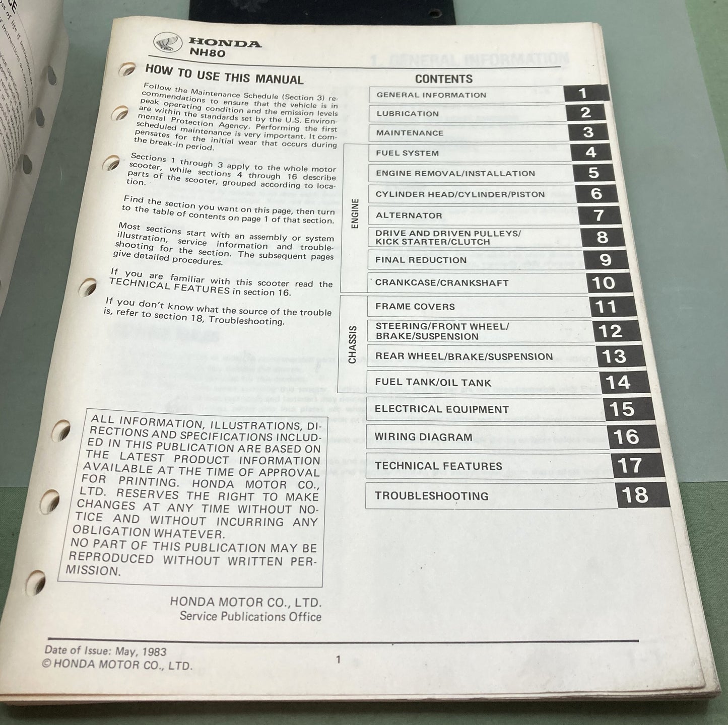 Genuine Honda 61GC801 NH80 aero80 Shop Manual 1984
