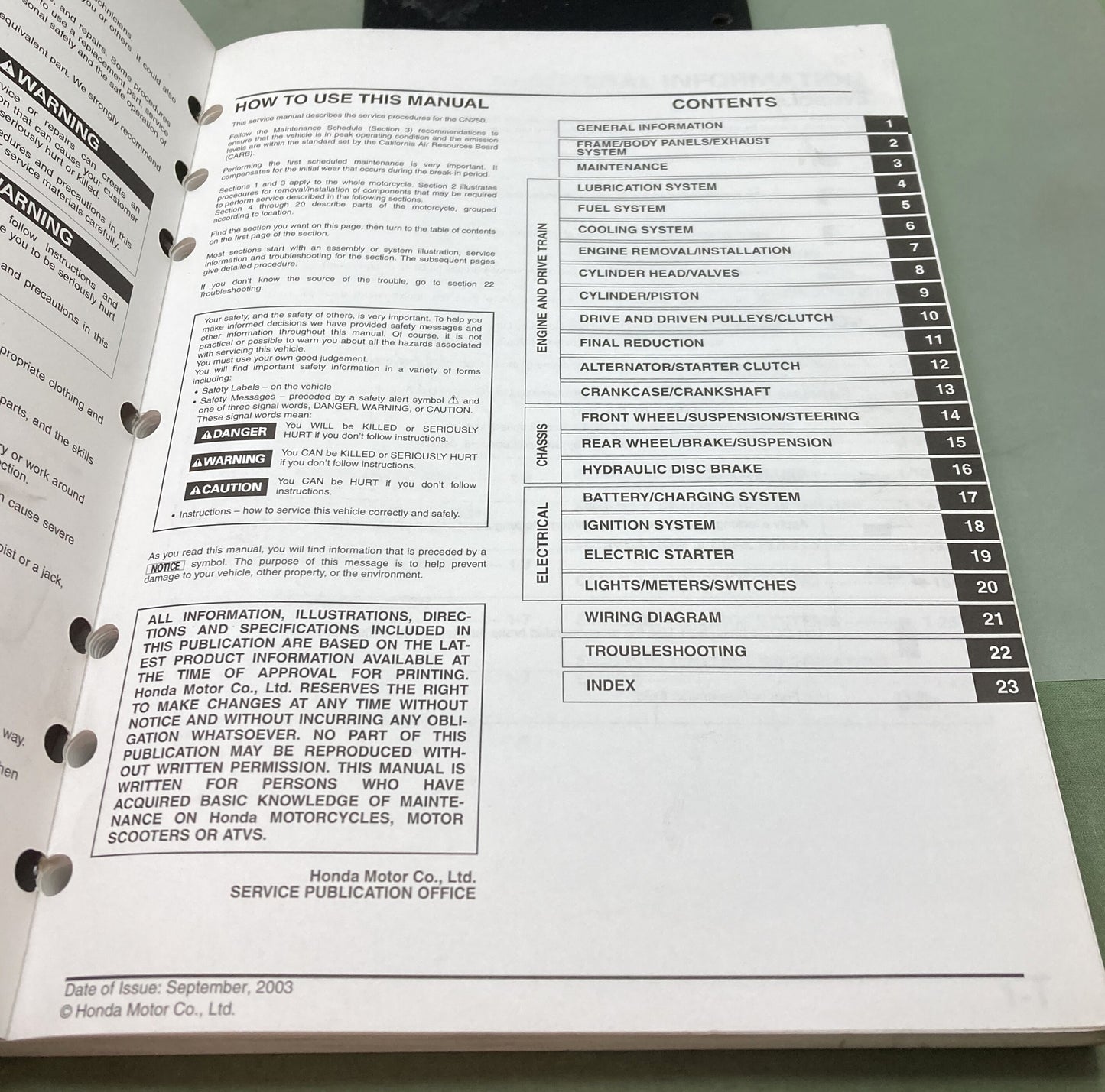 Genuine Honda 61KFR01 CN250 Helix Shop Manual 2003