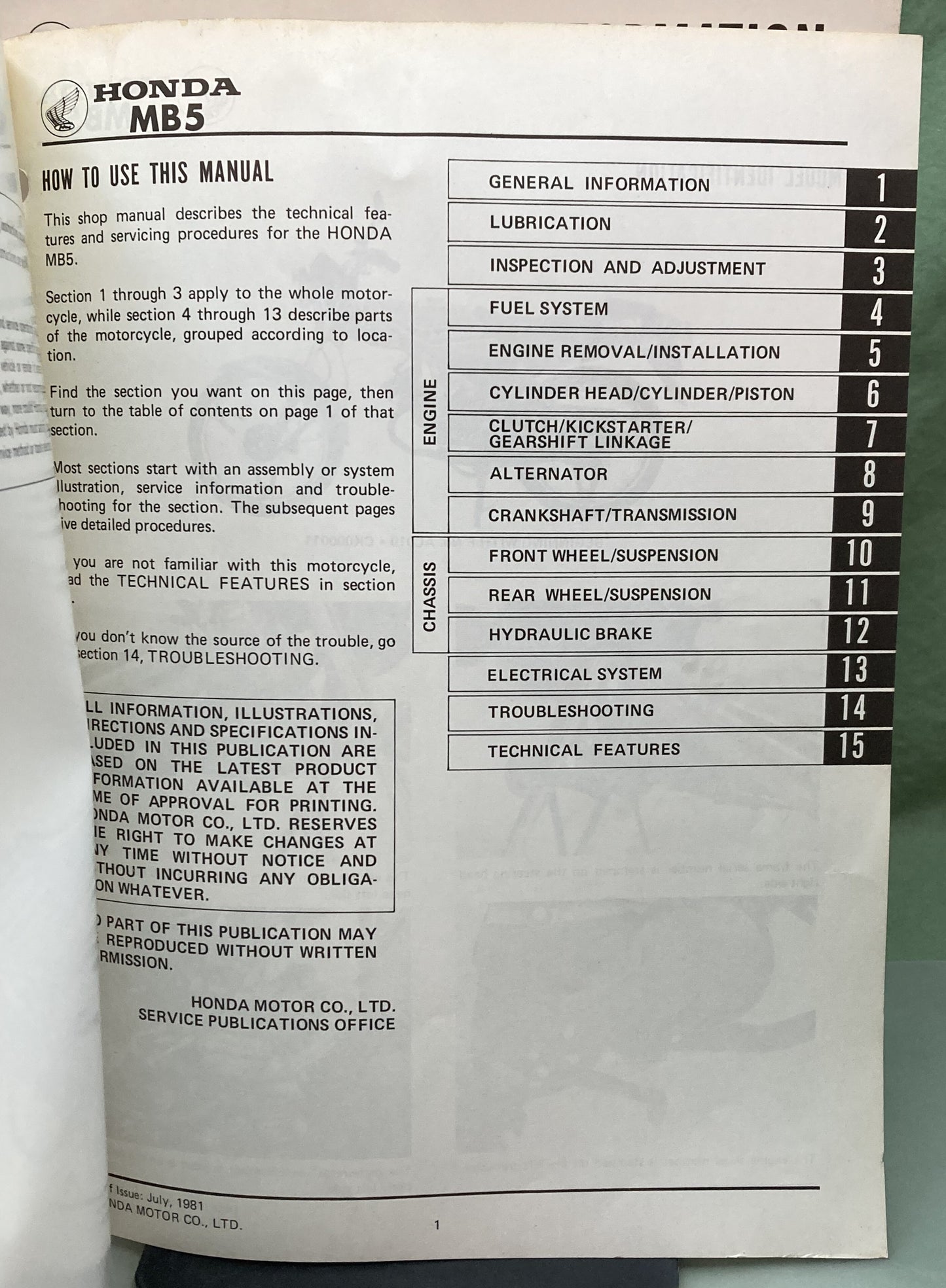 Genuine Honda 6116600 MB5 Shop Manual 1981