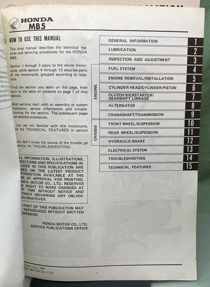 Genuine Honda 6116600 MB5 Shop Manual 1981