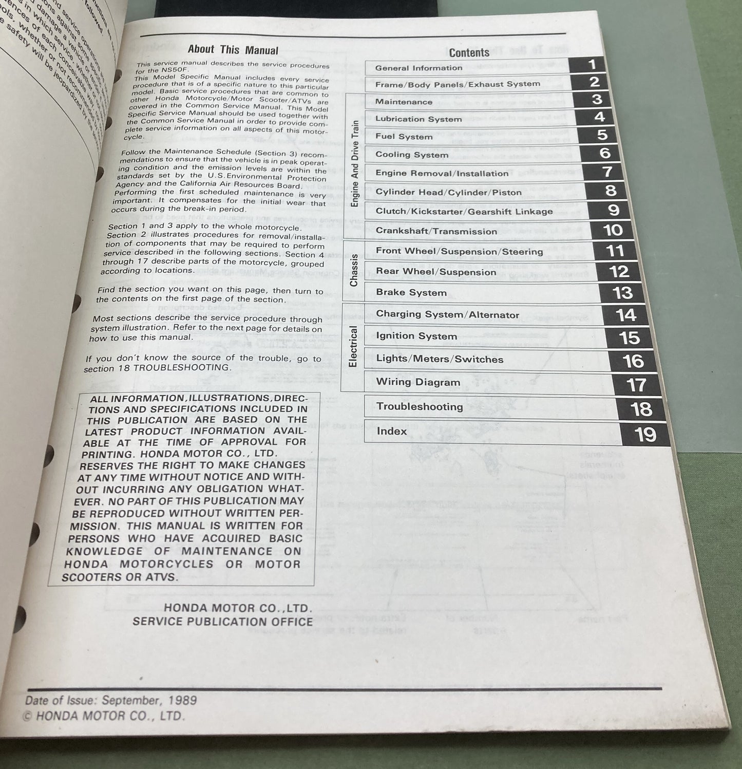 Genuine Honda 61GE200 NS50F Shop Manual 1989