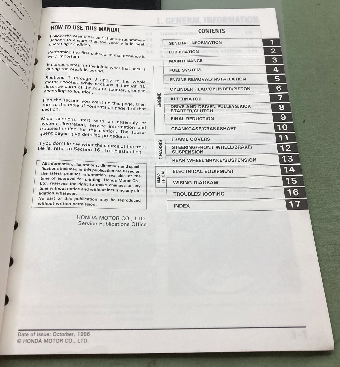 Genuine Honda 61GR100 SE50/50P Elite 50S/50 Service Manual 1986