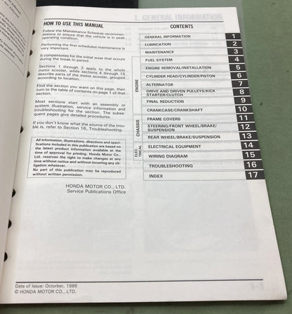Genuine Honda 61GR100 SE50/50P Elite 50S/50 Service Manual 1986