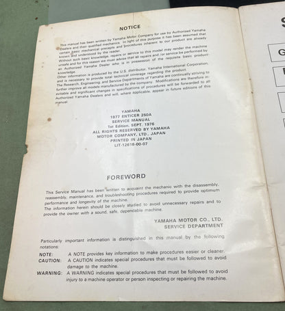 Genuine Yamaha LIT-12618-00-07 Enticer250A Snowmobile Service Manual 1977