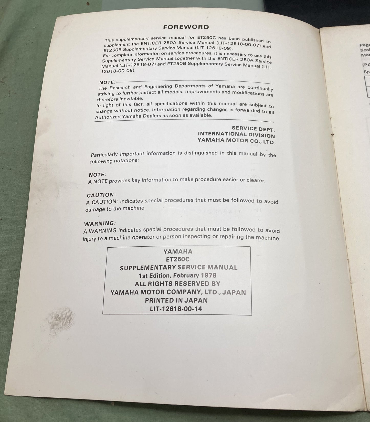Genuine Yamaha LIT-12618-00-14 Snowmobile ET250C Supp. Service Manual 1978