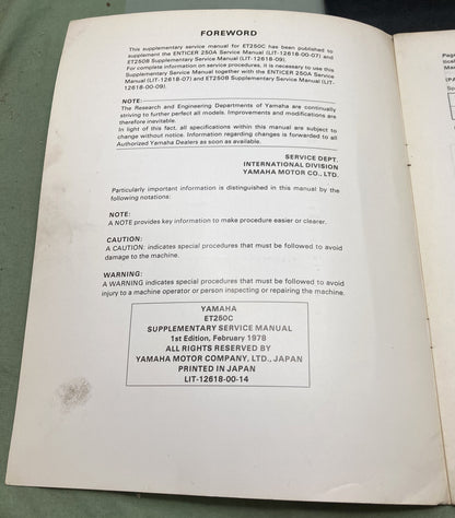 Genuine Yamaha LIT-12618-00-14 Snowmobile ET250C Supp. Service Manual 1978