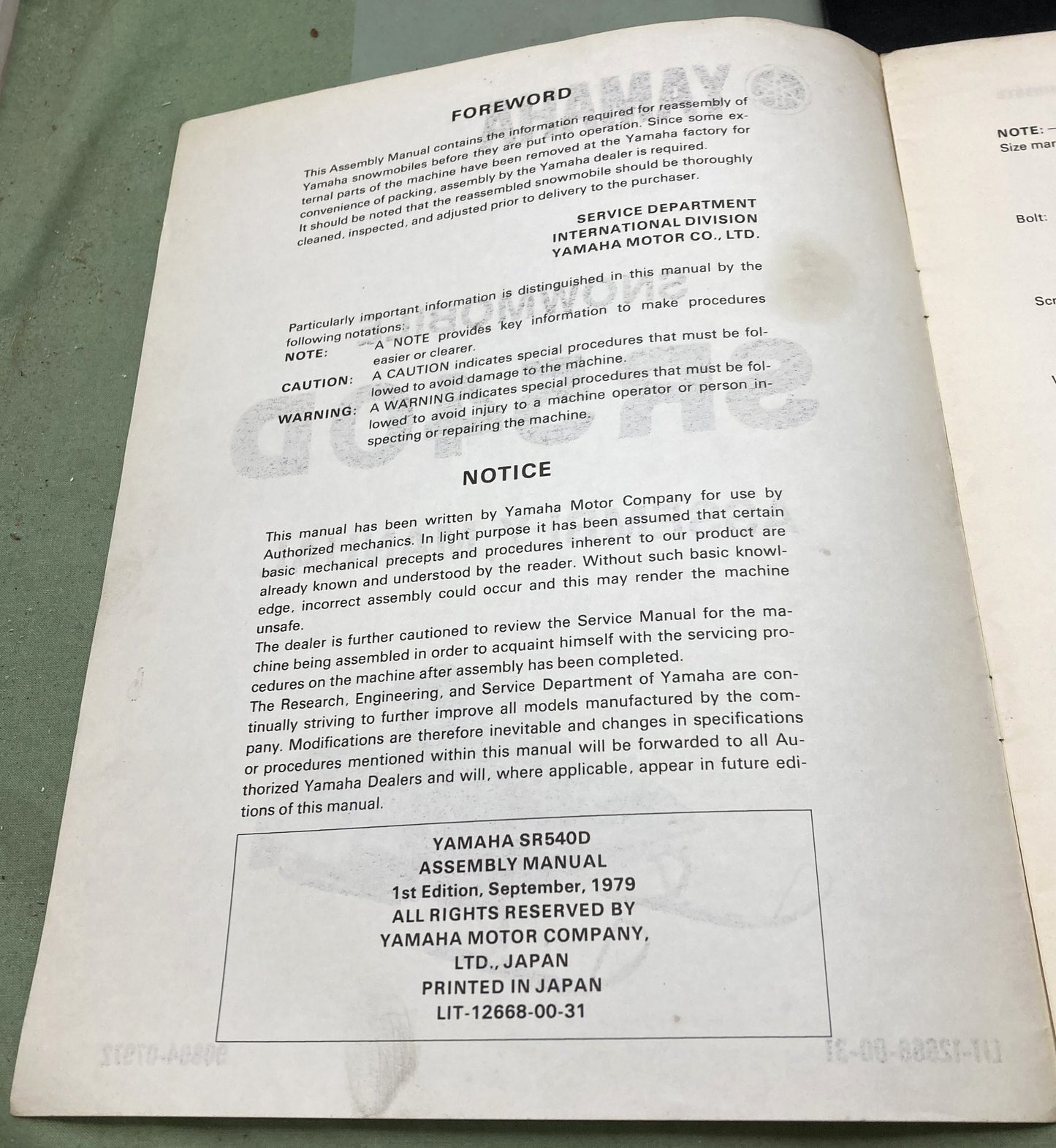 Genuine Yamaha LIT-12668-00-31 Snowmobile SR540D Assembly Manual 1979