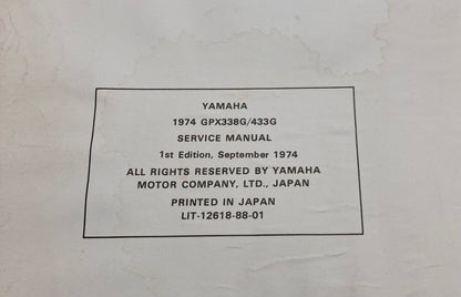 Genuine Yamaha LIT-12618-88-01 Snowmobile GPX338G/GPX433G Service Manual 1974