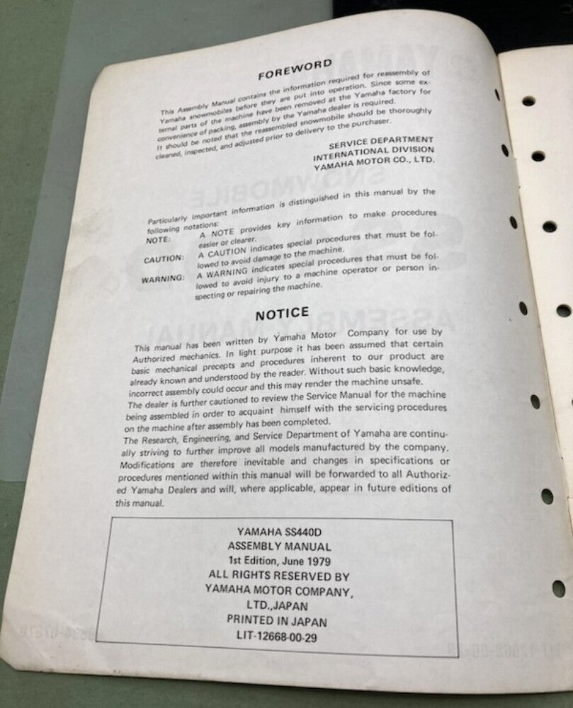 Genuine Yamaha LIT-12668-00-29 Snowmobile SS440D Assembly Manual 1979