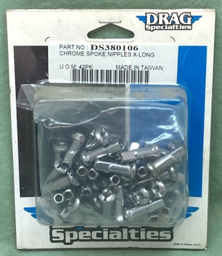 42 Pk. New Genuine Drag Specialties DS380106 Chrome Spoke Nipples X-Long