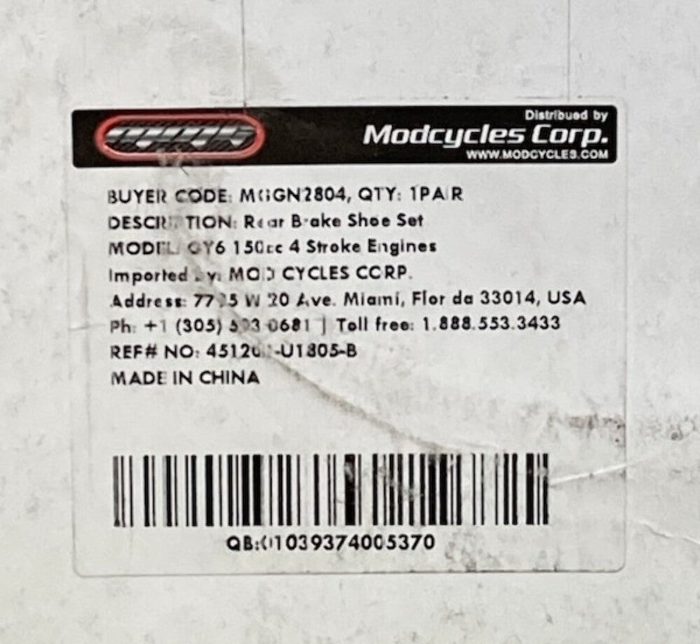 New Genuine Modcycle MGGN2804 Rear Brake Shoe Set for GY6 150cc 4 Stroke Engines