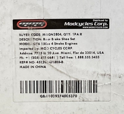 New Genuine Modcycle MGGN2804 Rear Brake Shoe Set for GY6 150cc 4 Stroke Engines
