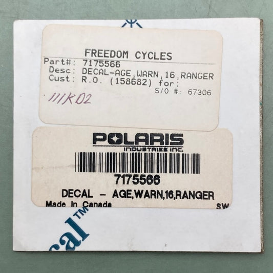 Polaris 7175566 Decal Age Warning 16 7175374 7172559 7175101 New Genuine