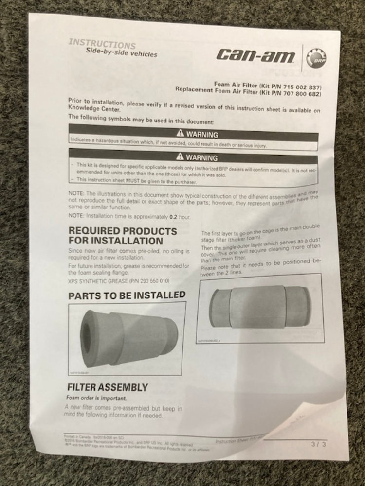 Can-Am 715002837 Foam Air Filter New Genuine