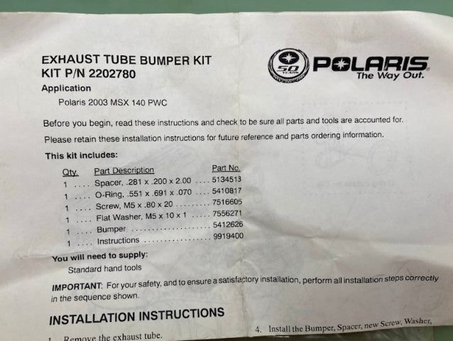 Polaris 2202780 Exhaust Tube Bumper Kit New Genuine