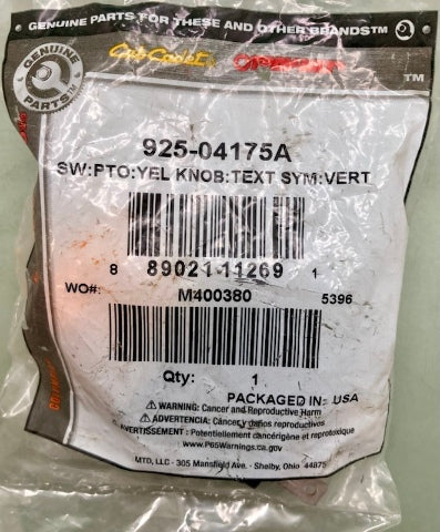 Cub Cadet 925-04175A PTO Switch (Yellow Knob) New Genuine