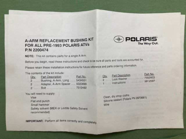 Polaris 2200474 KIT A-ARM BUSHING New Genuine