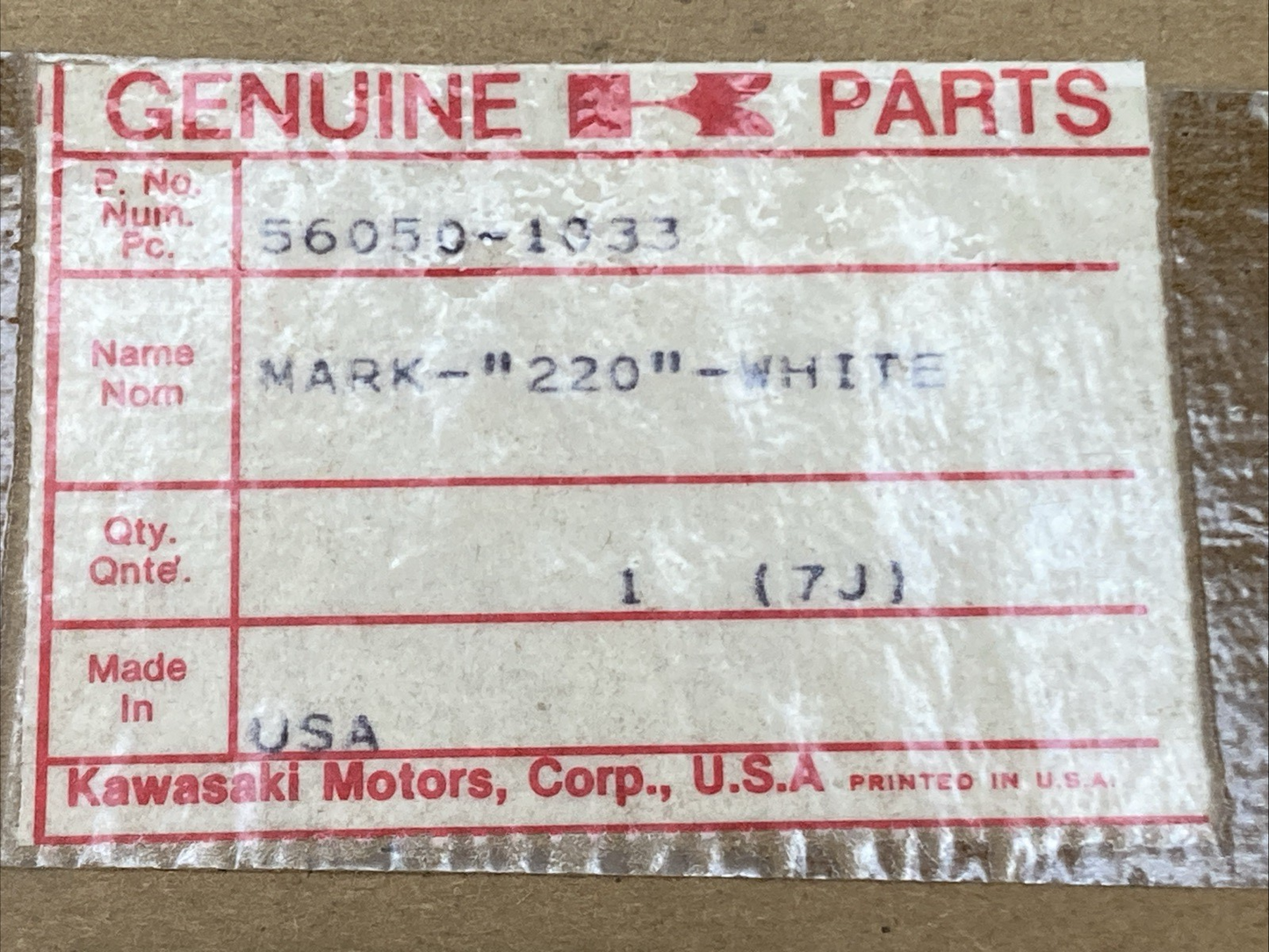 NEW GENUINE KAWASAKI 56050-1033 MARK,REAR FENDER, 220 FOR WHITE