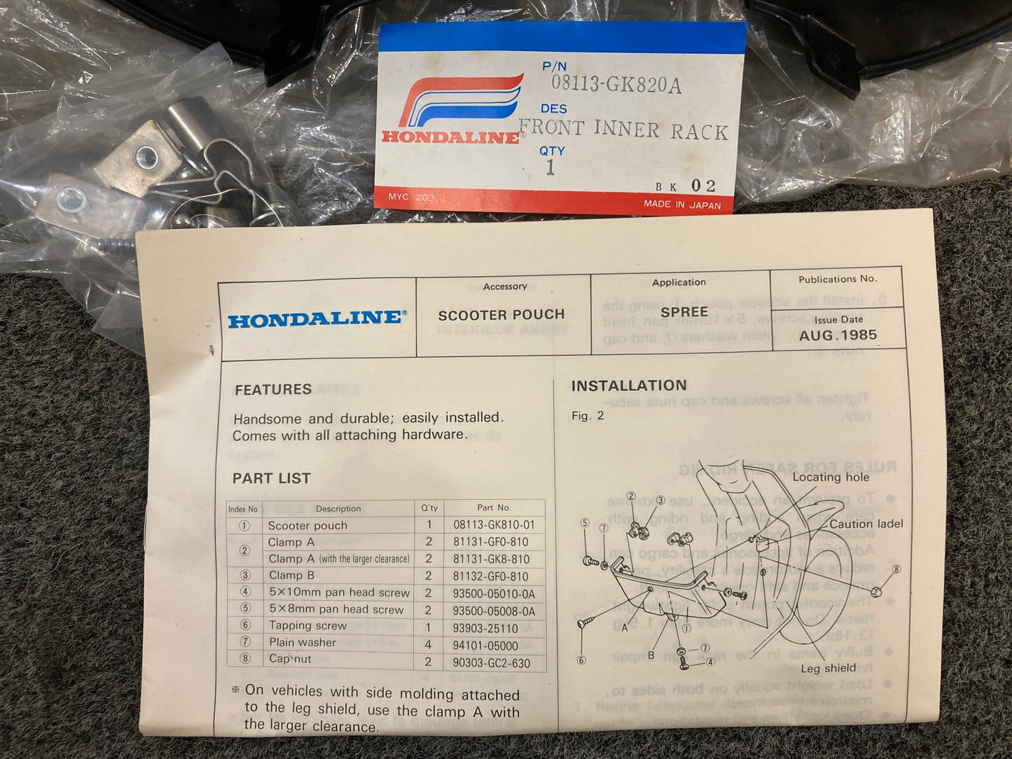 New Genuine Honda 08113-GK820A Front Inner Rack Black Spree