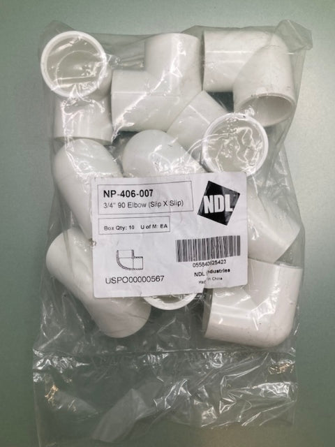 Pk of 10 NDL NP-406-007 Elbow 90 3/4" Slip X Slip New Genuine