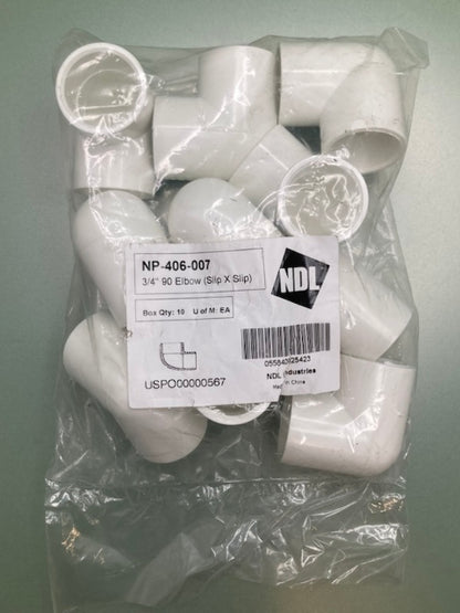 Pk of 10 NDL NP-406-007 Elbow 90 3/4" Slip X Slip New Genuine