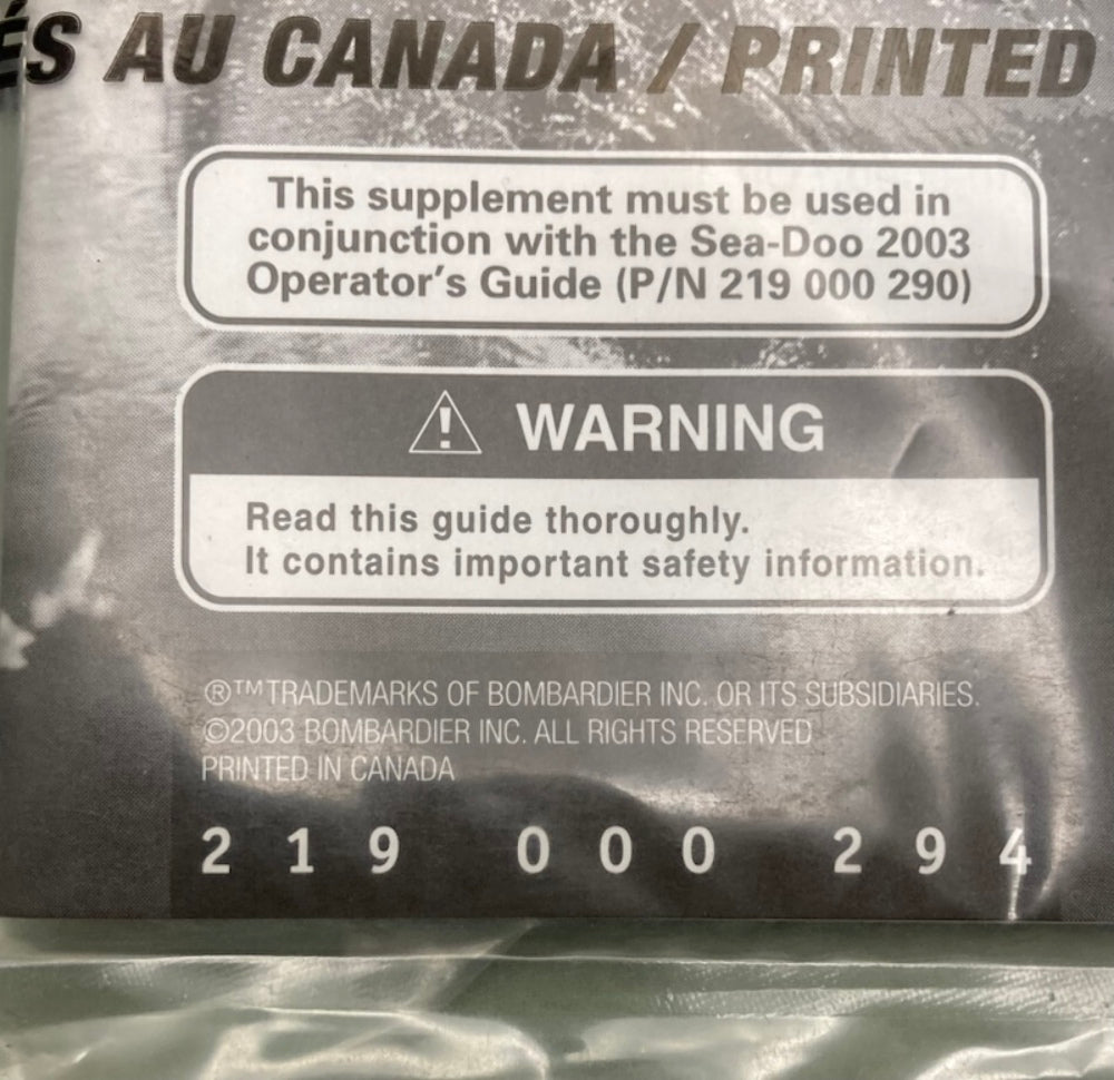 Sea-Doo 219000294 Operator's  Guide Supp.2003 New Genuine