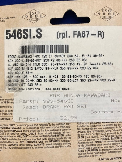 SBS 546SI Brake Pad Set New Genuine for Suzuki Honda Kawasaki KX125/200/500