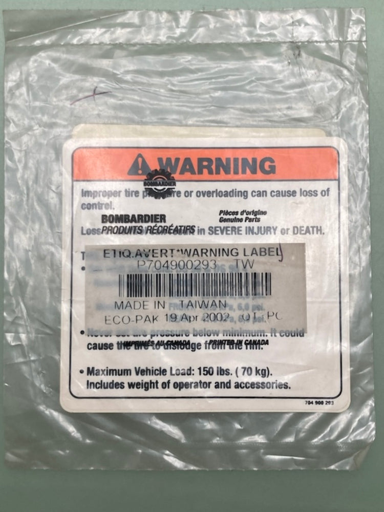 Bombardier 704900293 Warning Label Decal, New Genuine