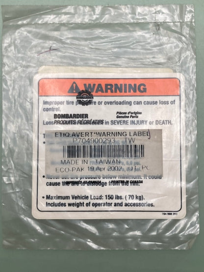 Bombardier 704900293 Warning Label Decal, New Genuine
