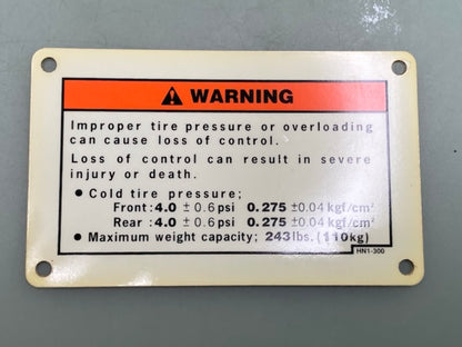 Honda 87505-HN1-300 LABEL,TIRE&OVERLO New Genuine