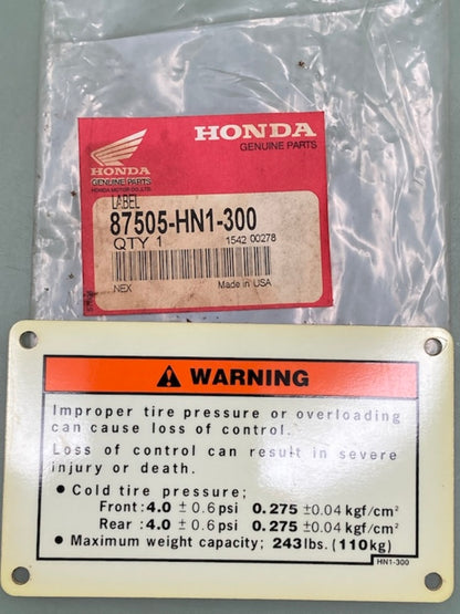 Honda 87505-HN1-300 LABEL,TIRE&OVERLO New Genuine