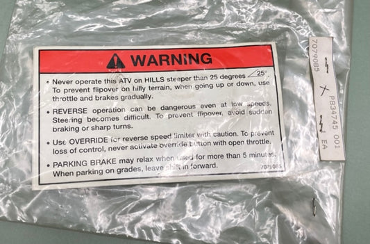 Polaris 7079085 Decal-Warn, Disc, (Al) New Genuine