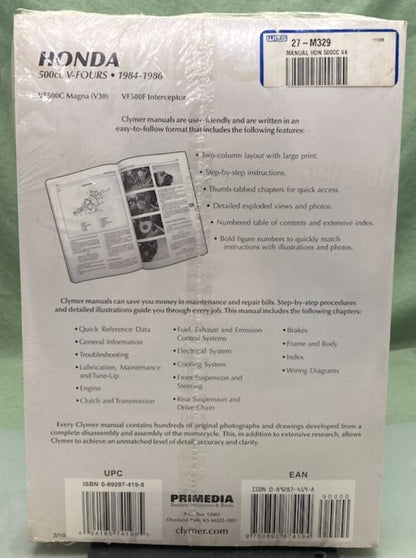 Clymer M329 Honda 500cc V-Fours Service Manual '84-'86 New Genuine