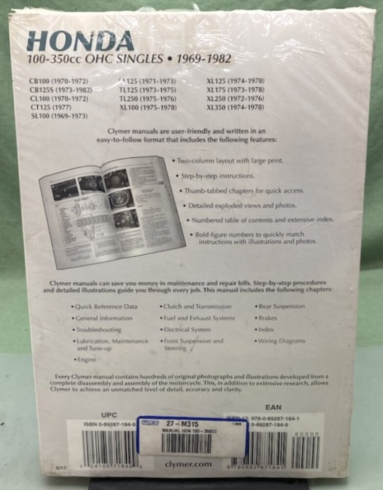 Clymer M315 100-350cc OHC Singles Service Manual '69-'82 New Genuine