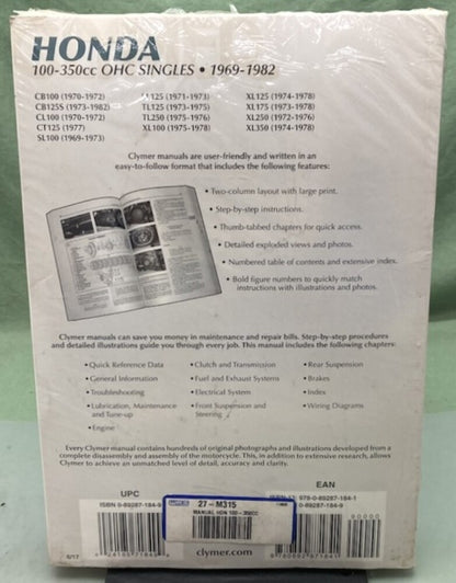 Clymer M315 100-350cc OHC Singles Service Manual '69-'82 New Genuine
