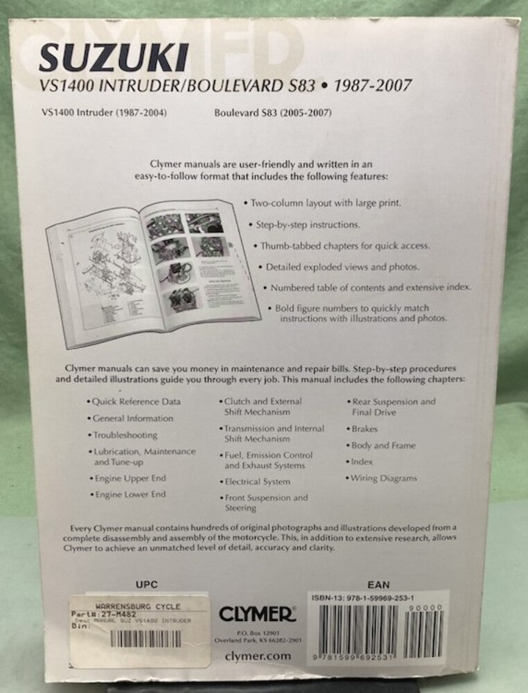 Clymer M482-3 Suzuki VS1400 Intruder/Boulevard S83 Service Manual '87-'07 Gen.