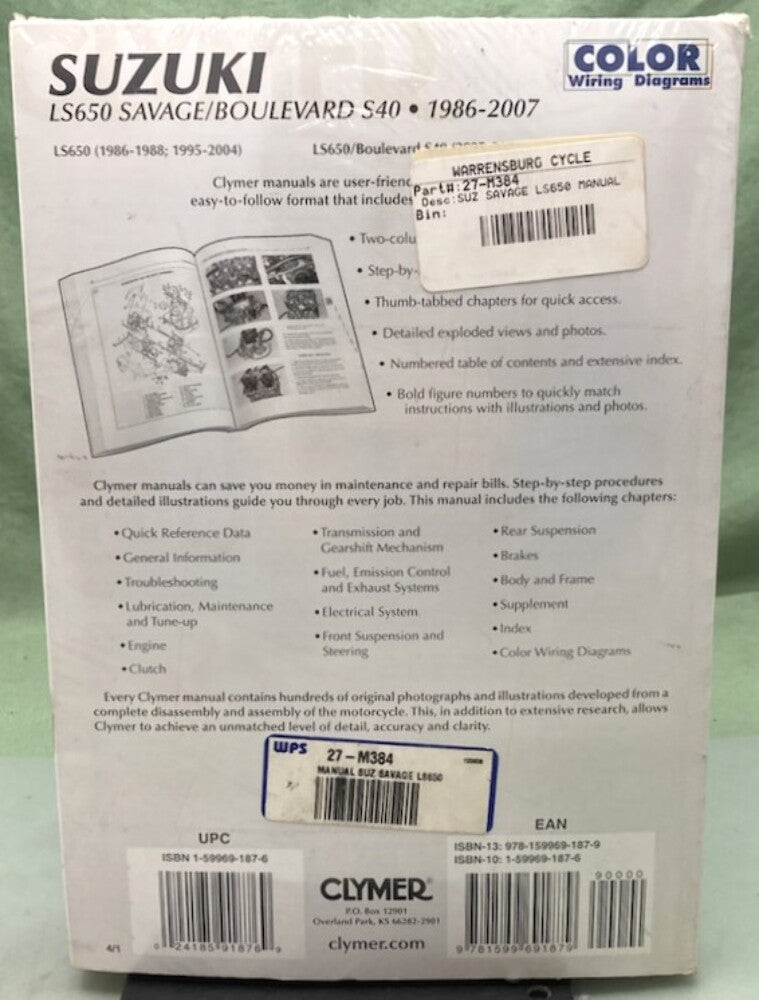 Clymer M384-4 Suzuki LS650 Savage/Boulevard S40 Service Manual '86-'07 New Gen.