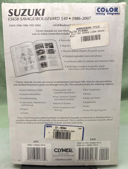 Clymer M384-4 Suzuki LS650 Savage/Boulevard S40 Service Manual '86-'07 New Gen.