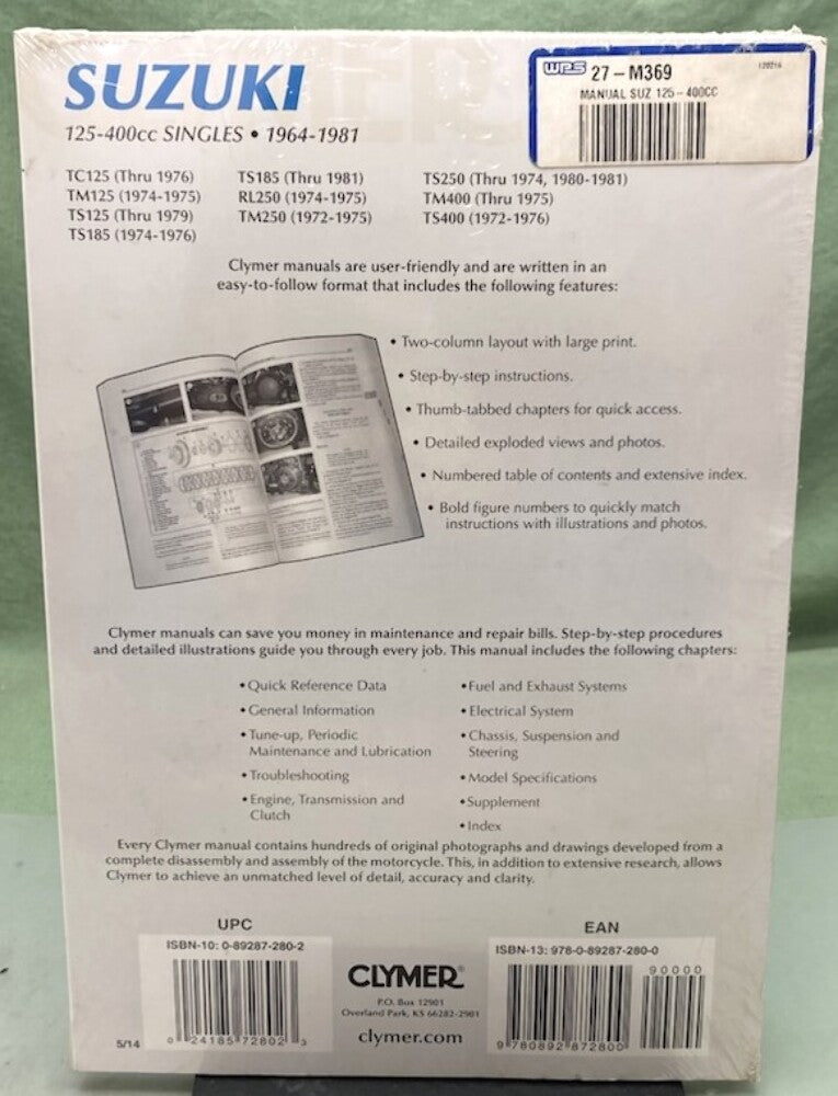 Clymer M369 Suzuki 125-400cc Singles Service Manual '64-'81 New Genuine