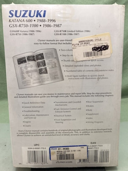 Clymer M383-3 Suzuki Katana 600 GSX-R750-1100 Service Manual '86-'96 New Genuine