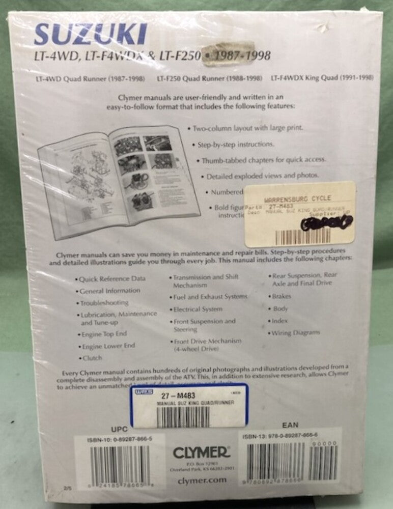Clymer M483-2 Suzuki LT-4WD LTF4WDX LT-F250 Service Manual '87-'98 New Genuine