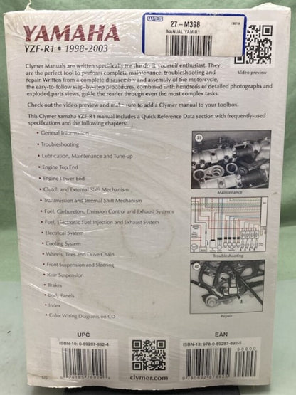 Clymer M398 Yamaha YZF-R1 Service Manual '98-'03 New Genuine