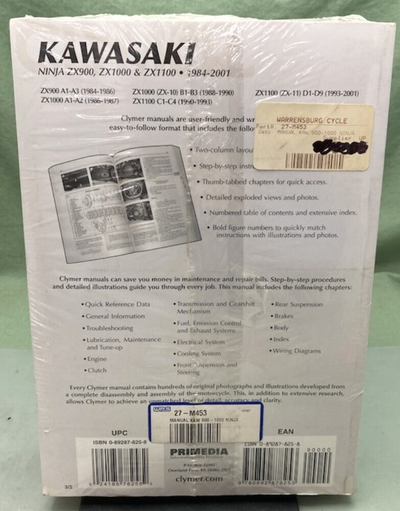 Clymer M453-3 Kawasaki Ninja ZX900 ZX1000 ZX1100 Service Manual '84-'01 New Gen.