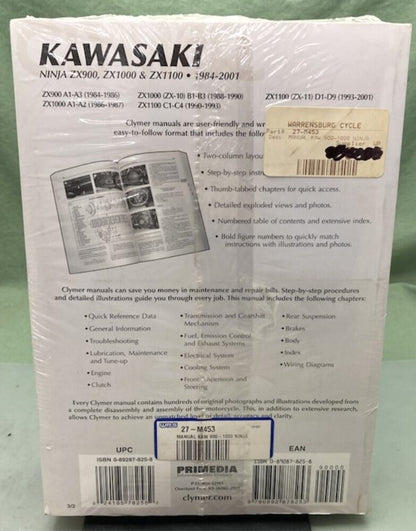 Clymer M453-3 Kawasaki Ninja ZX900 ZX1000 ZX1100 Service Manual '84-'01 New Gen.