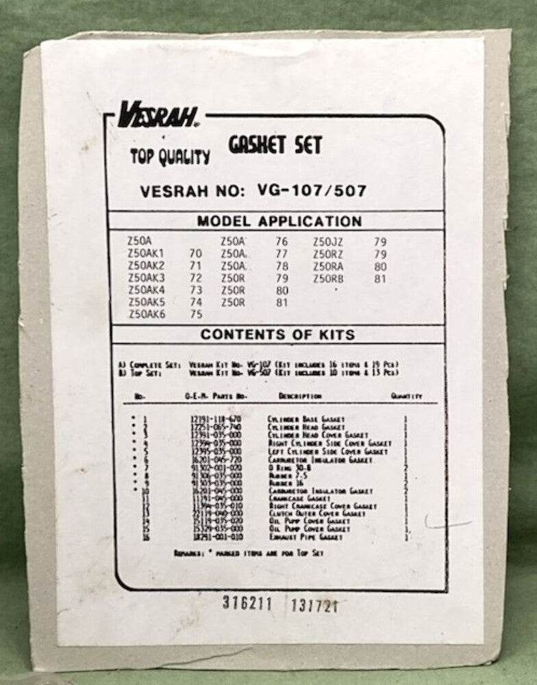 Vesrah VG-107 Gasket Kit New Genuine Incomplete Kit