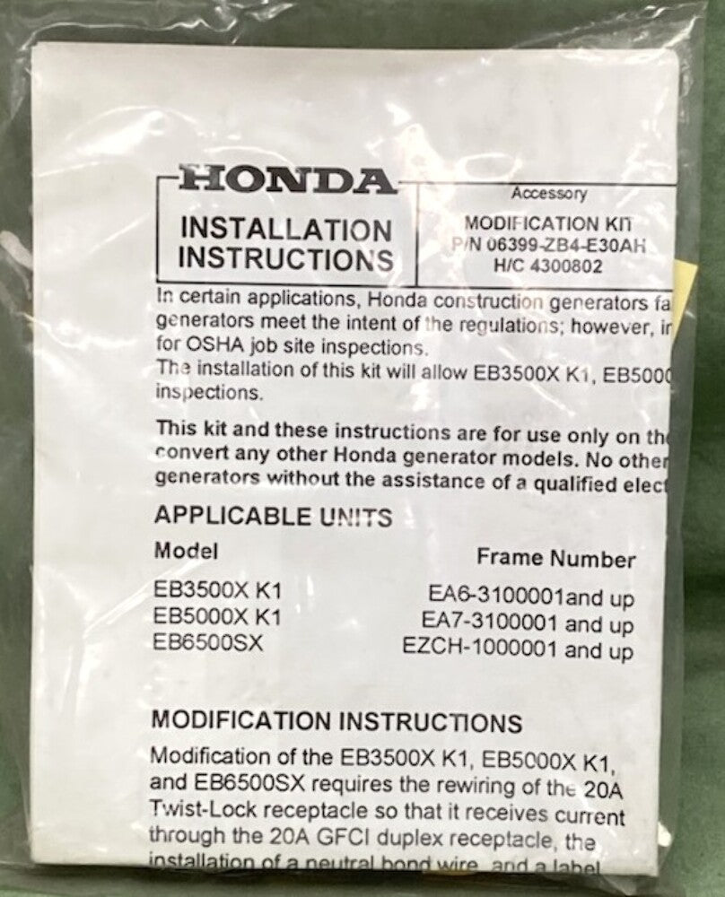 Honda 06399-ZB4-E30AH Wire Set Neutral Bond New Genuine