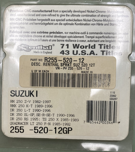New Genuine RENTHAL R255-520-12GP SPRKT SUZ 520 12T