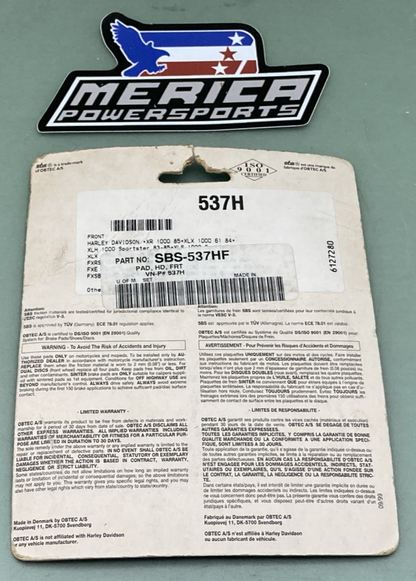 NEW GENUINE SBS 537H Ceramic Brake Pads for Harley-Davidson